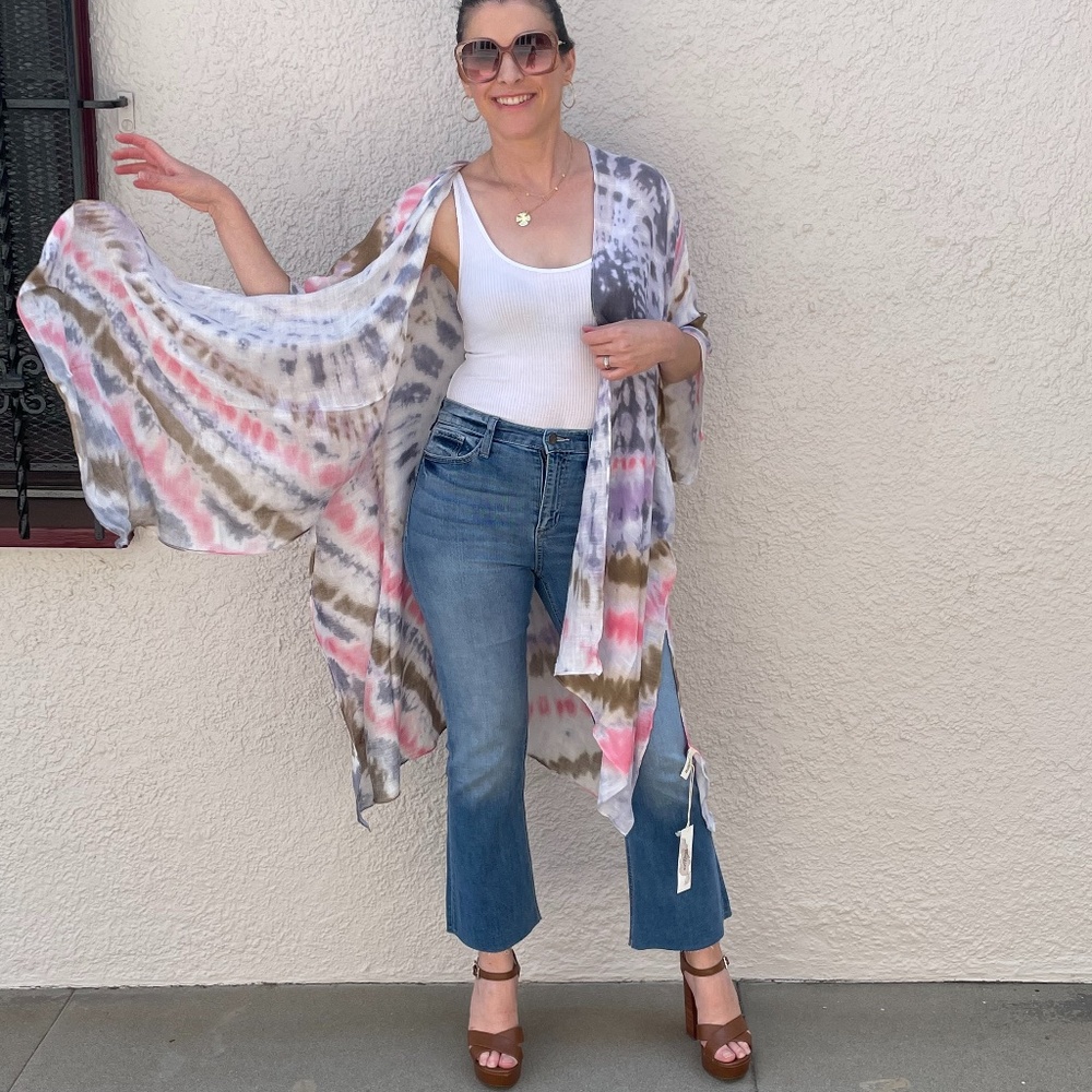 035 Boho Tie Dye Kimono beach Cover up - Picture 2 of 15